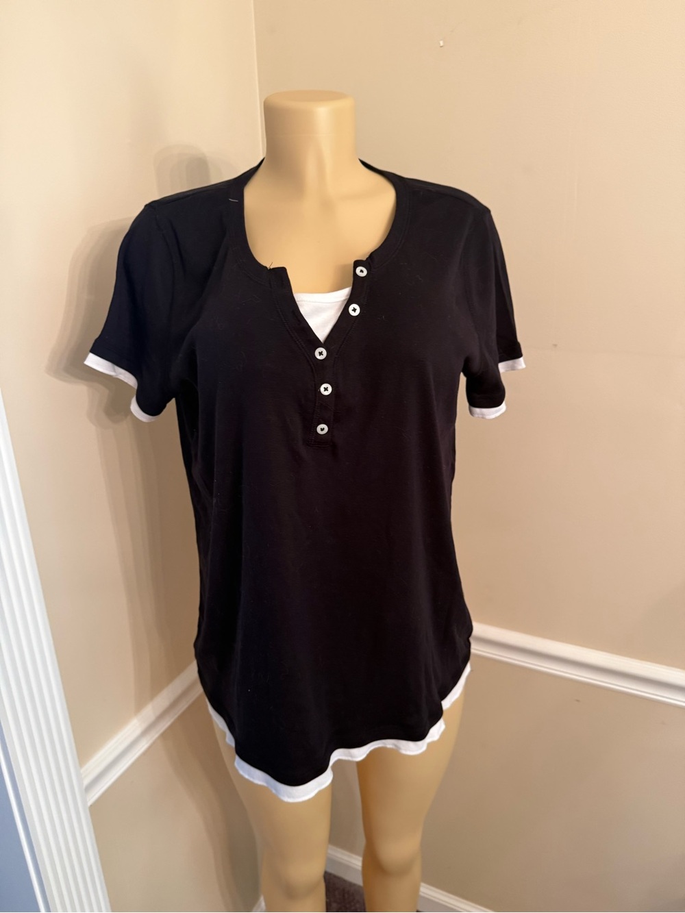 made for life Black Short-Sleeve Henley Top with White Trim